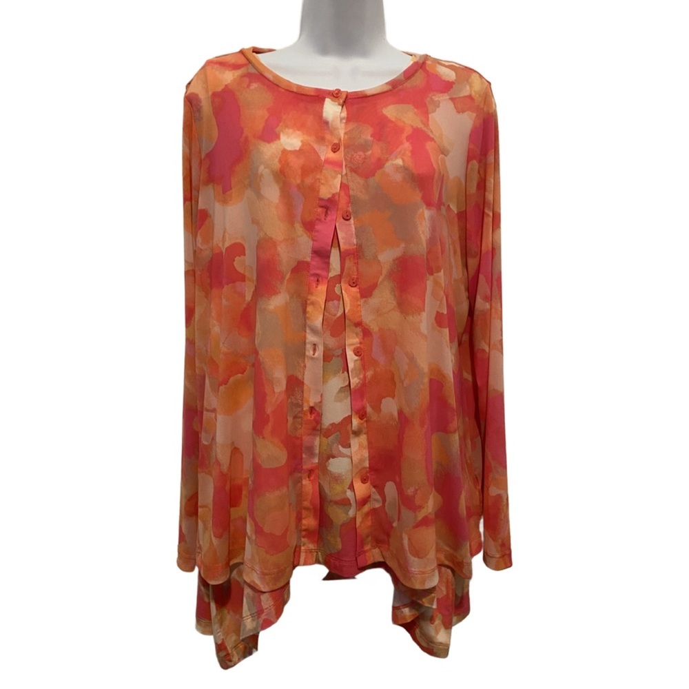 LOGO by Lori Goldstein Watercolor Printed Tank & Cardigan 2 Piece Set Coral M